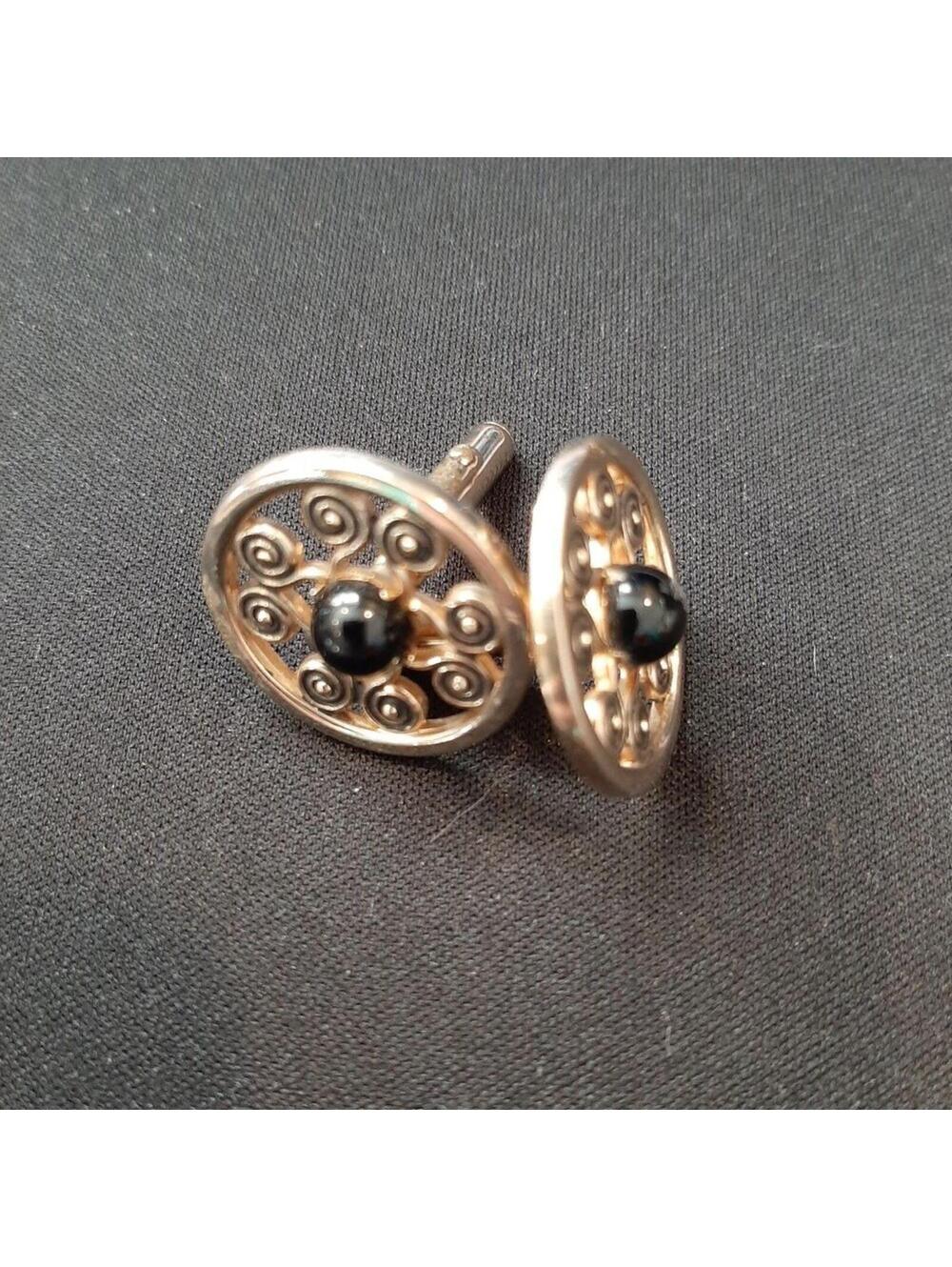Black Onyx Wheel Spiral Gold Tone Cufflinks Cabochon Wreath Swank Vintage